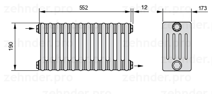Схема (чертеж) Радиатор Zehnder Charleston 5019/12 №1670 Белый глянцевый RAL 9016